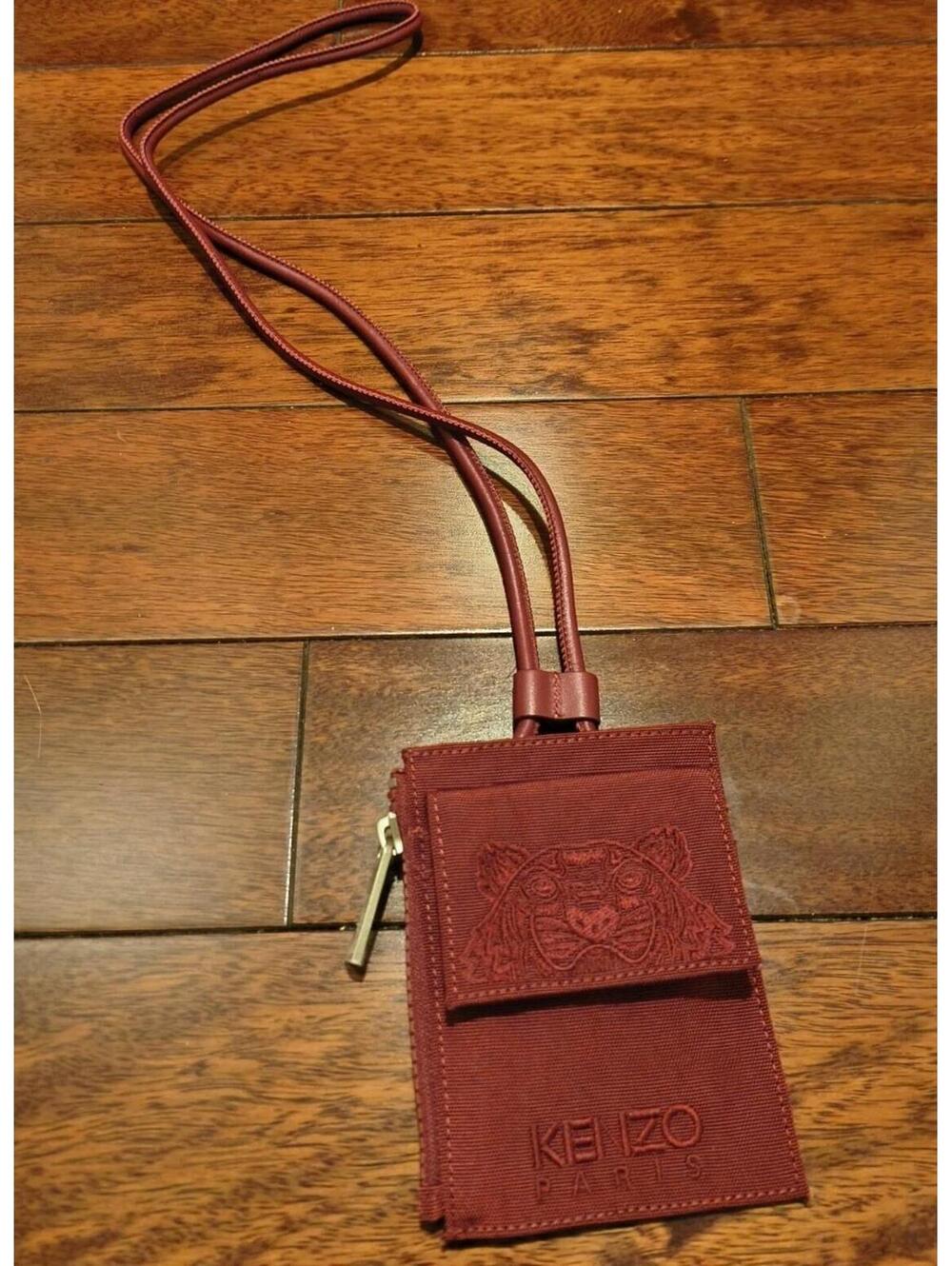 New Kenzo Wallet Coin Case Card Holder, Canvas Leather Tiger In Burgundy